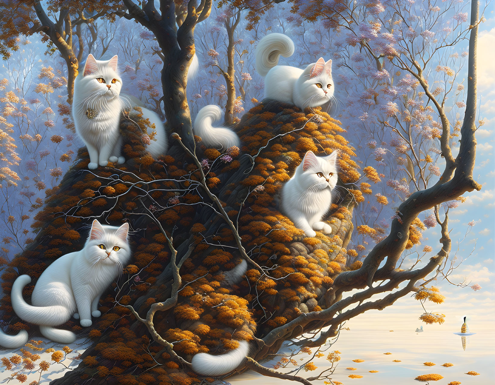 Four White Fluffy Cats with Swirling Tails on Autumnal Tree by Serene Lake