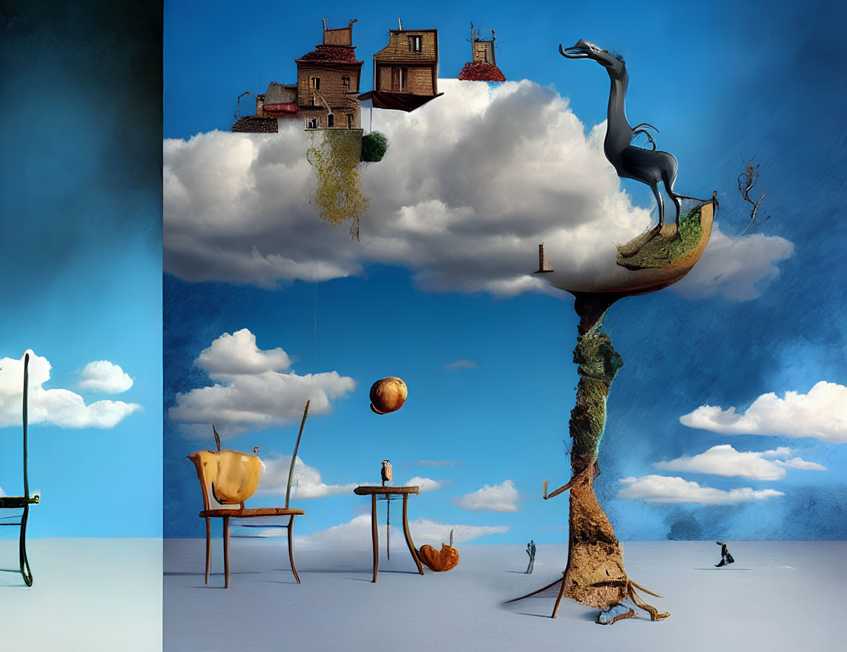 Surreal floating island artwork with whimsical elements