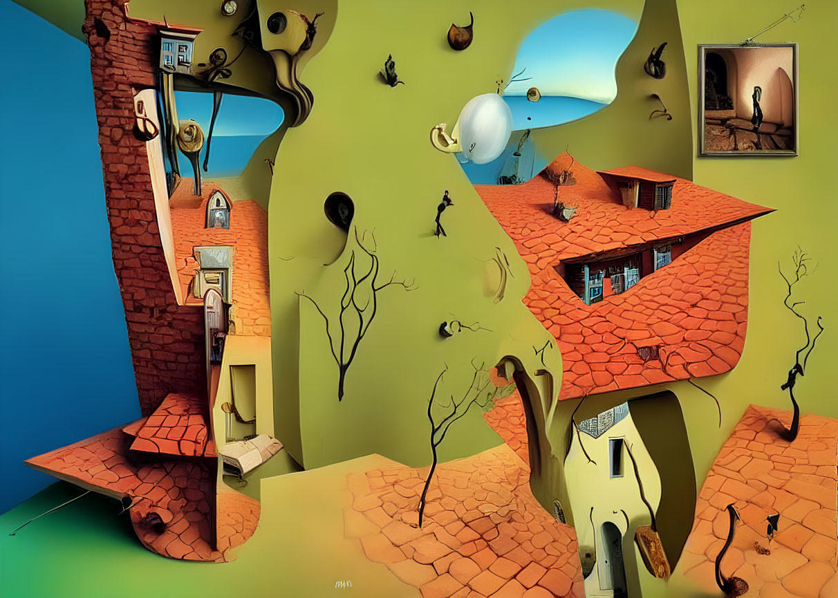 Surrealistic painting of distorted brick buildings and twisty trees on ochre terrain