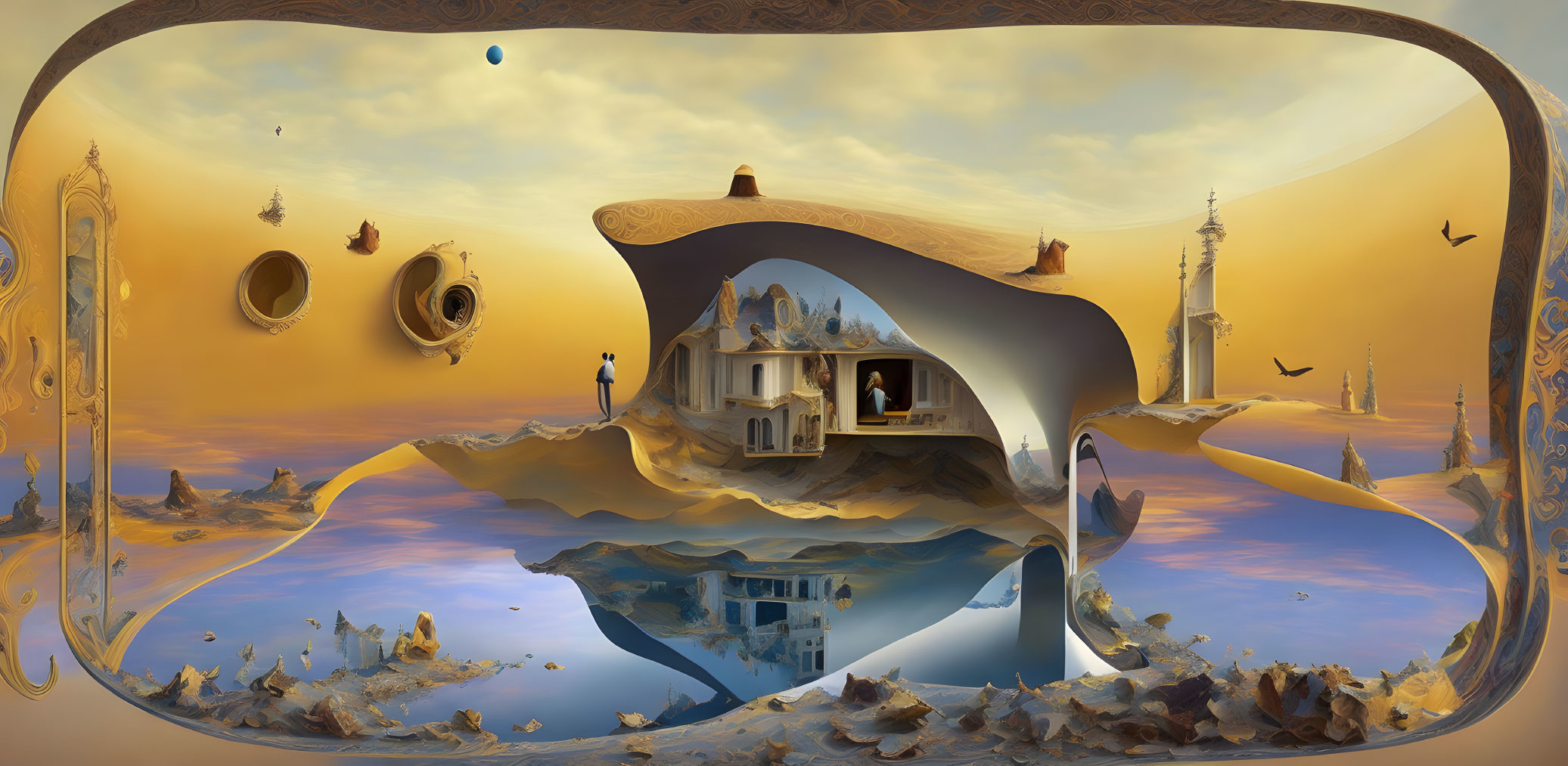 Surreal panoramic landscape with distorted central structure, mirrored reflections, floating orbs, birds, and distant