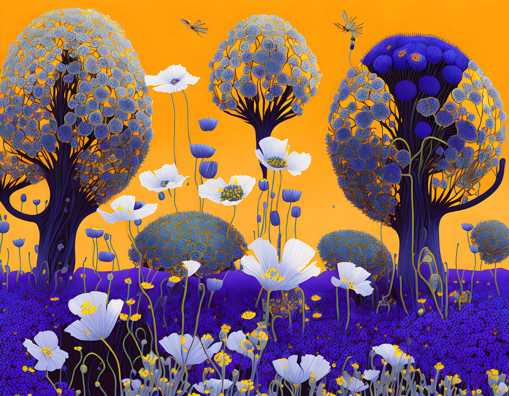 Colorful digital art of stylized trees, white flowers, and bees in a purple meadow on