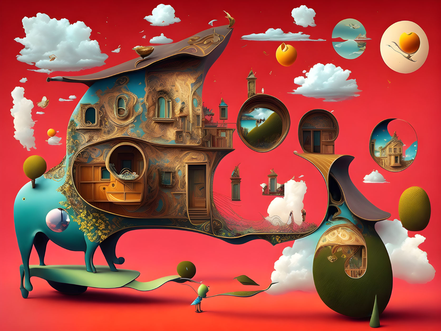 Digital artwork: Floating orbs, house-like character, animal figure on red background.