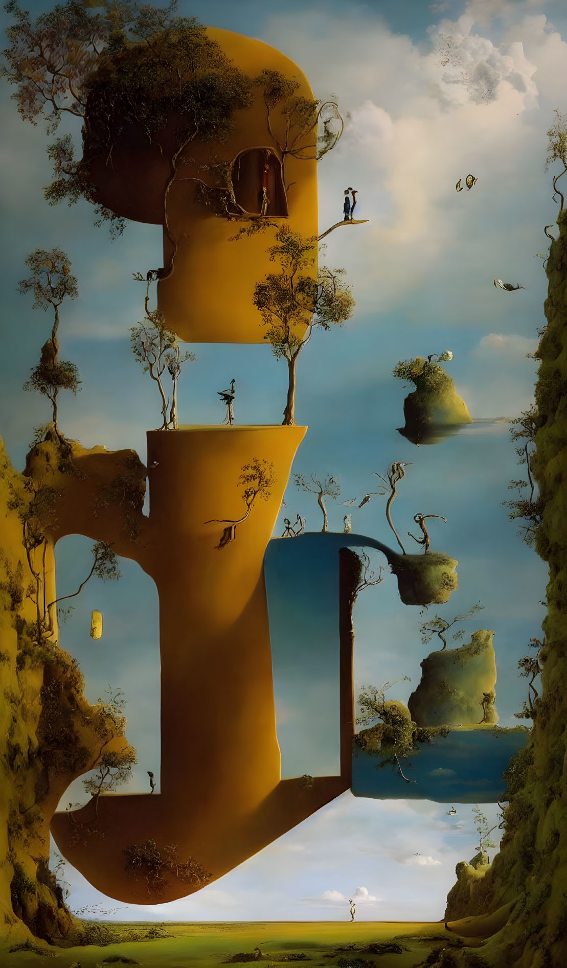 Surreal painting featuring inverted "E" shape, trees, figures, and floating islands on blue