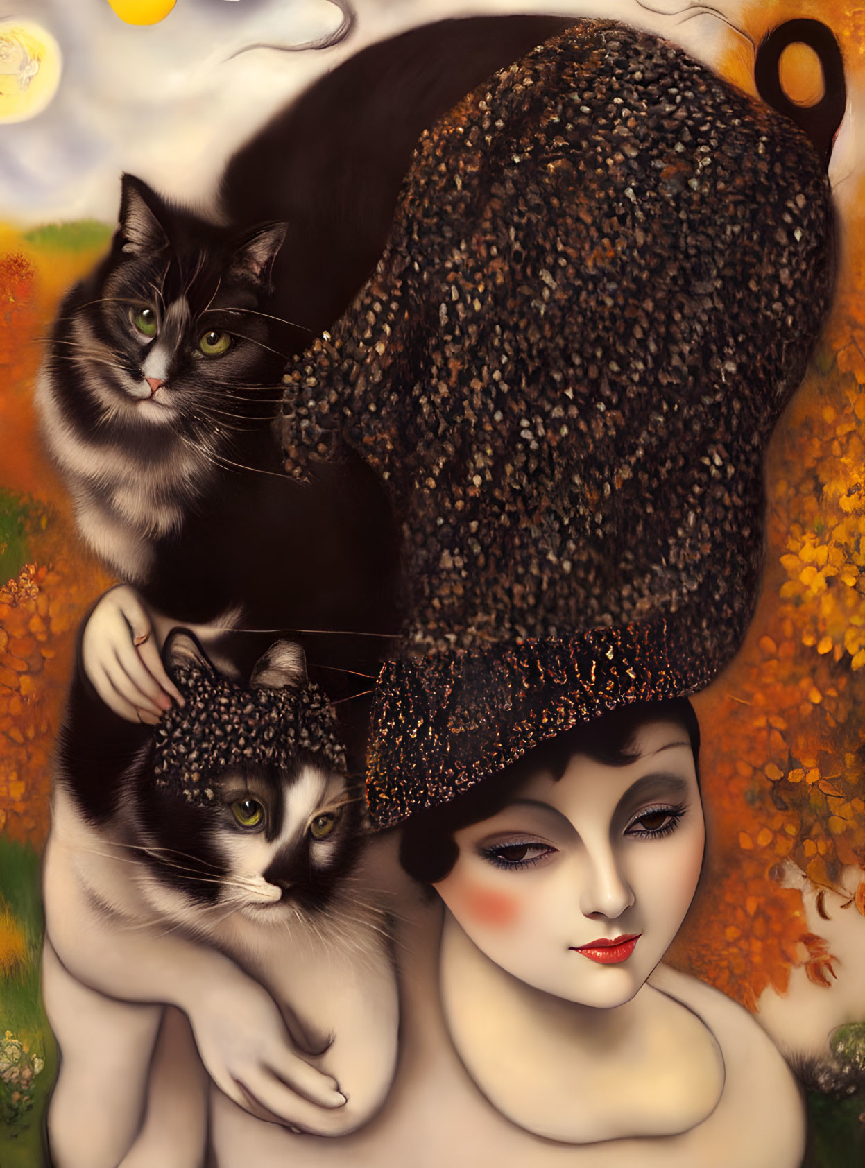 Woman with cats in autumn setting surrounded by bees - serene painting