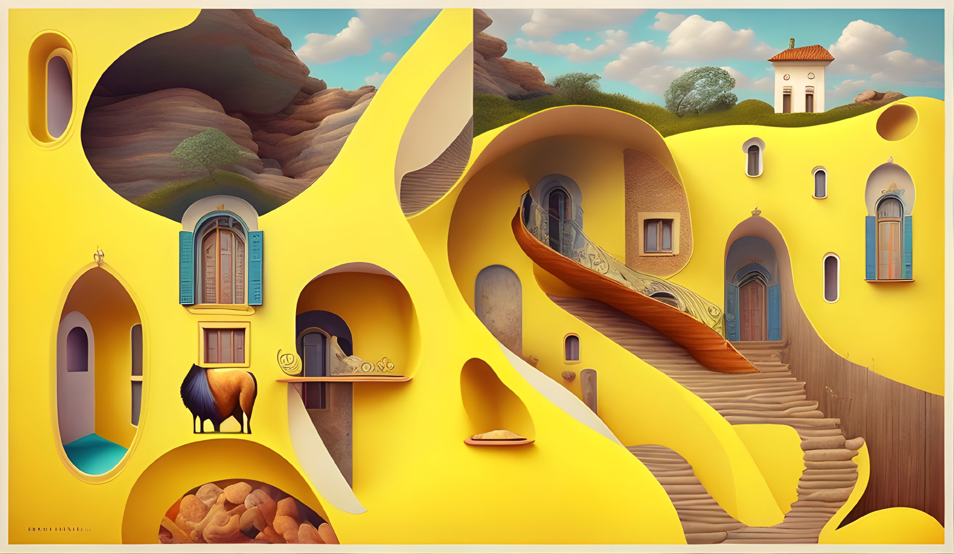 Whimsical yellow building in surreal landscape