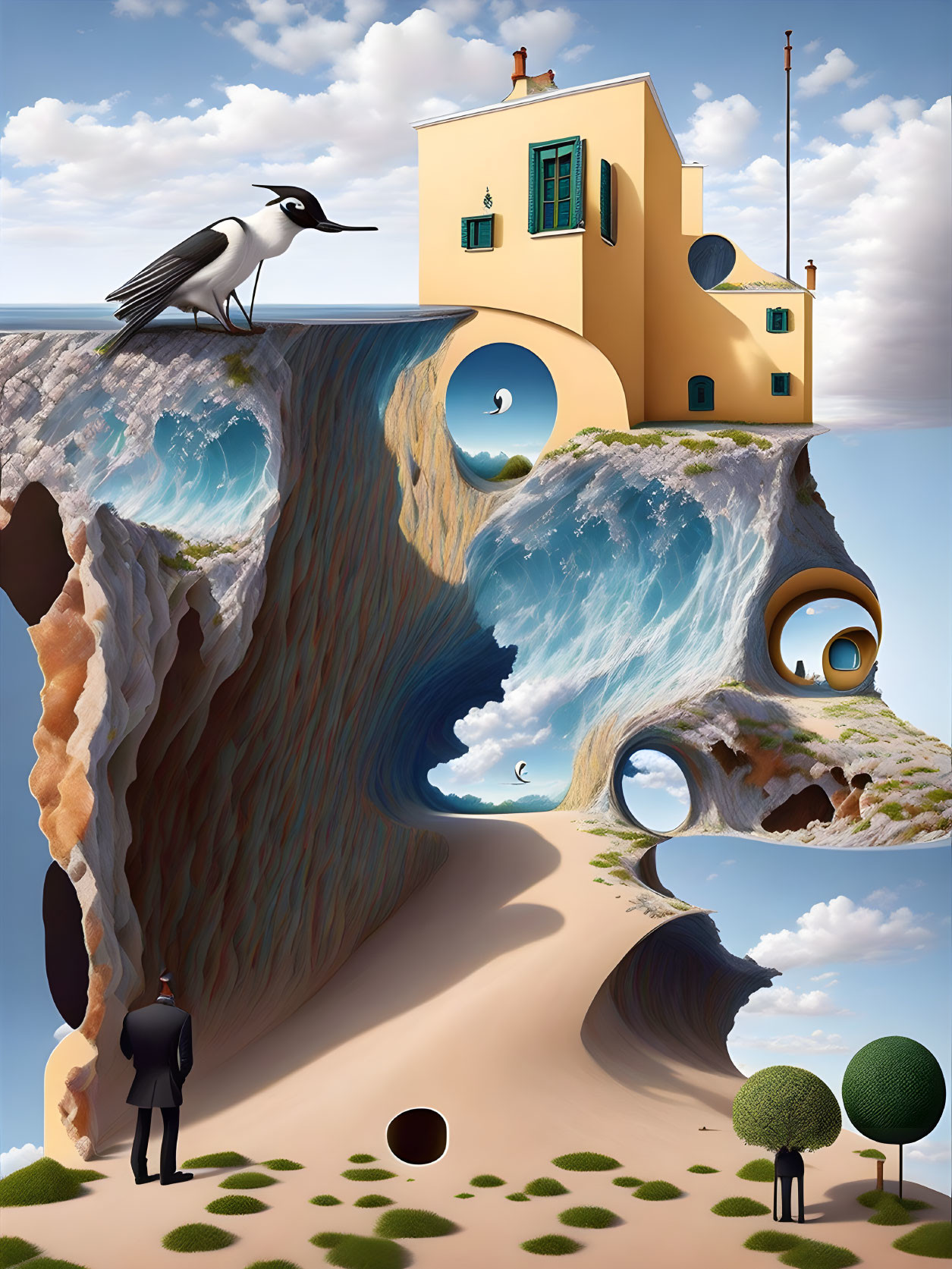 Surreal cliffside house with wave patterns, bird, man, whimsical trees & clouds