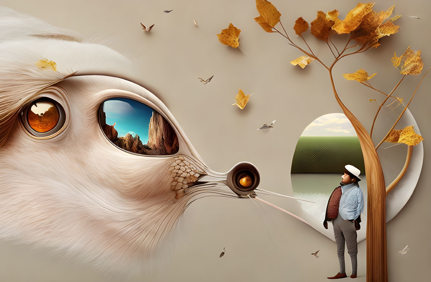 Surreal illustration of man with telescope mirroring as giant white animal