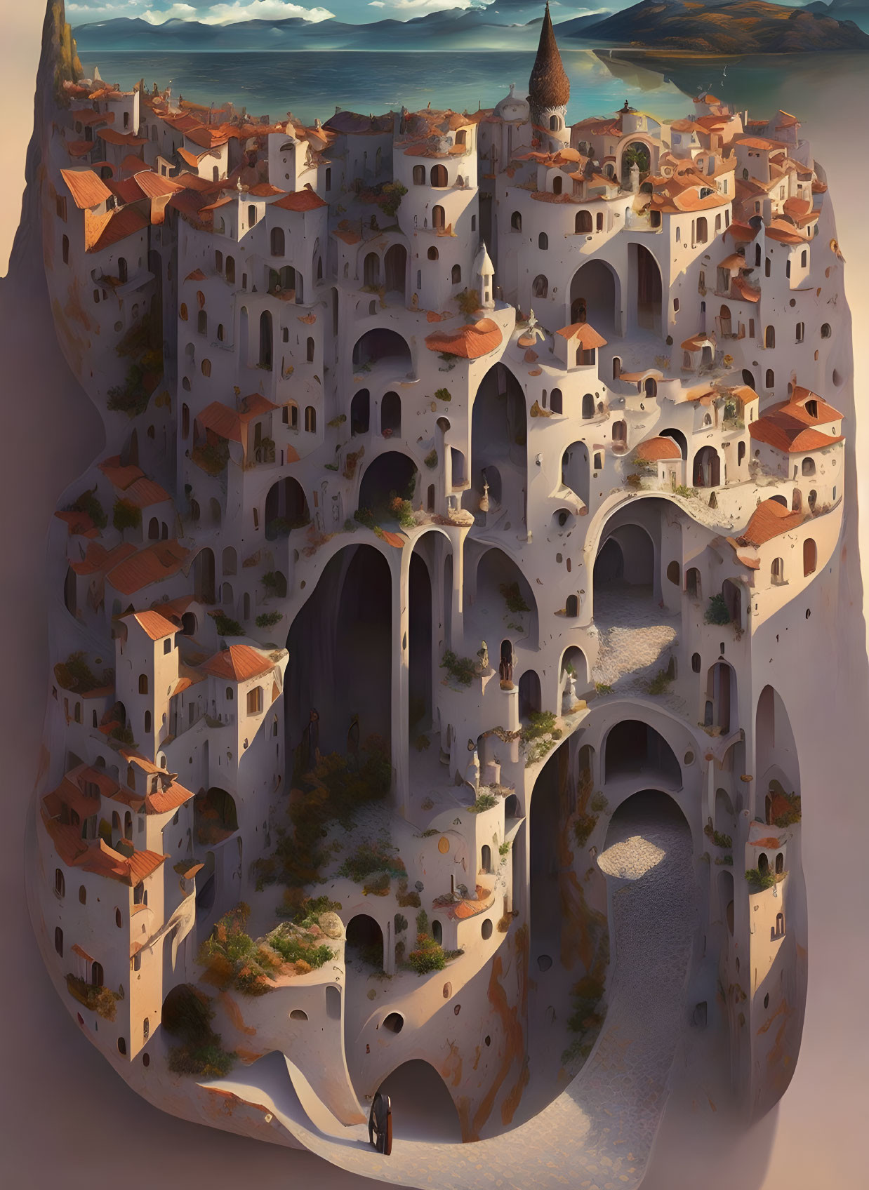 Vertical City with Arches & Buildings on Rock Formation under Warm Sky
