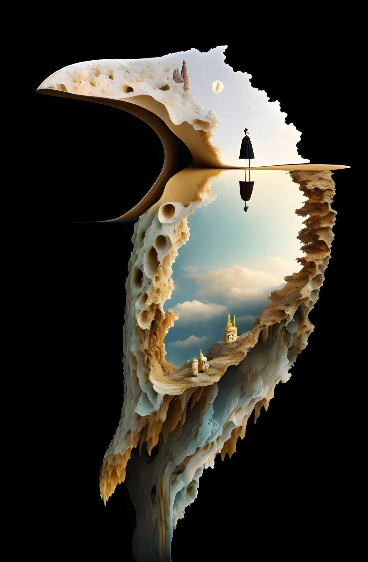 Surreal Artwork: Person on Cliff in Cityscape-Cavern Cross-Section