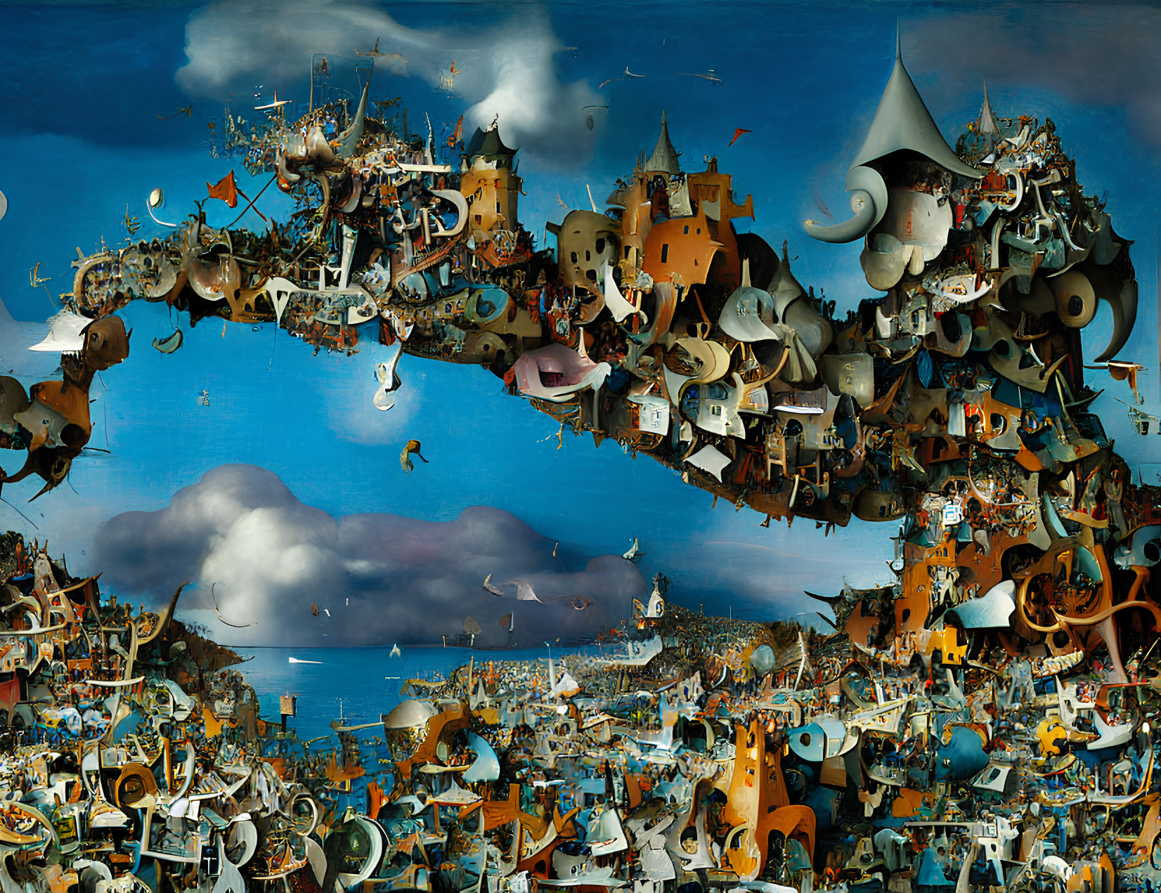 Whimsical surreal panorama with floating structures and animals