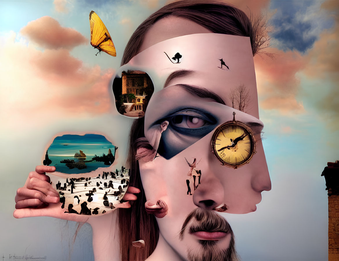 Portrait with Clock Eye, Scenic Cutouts, and Butterfly