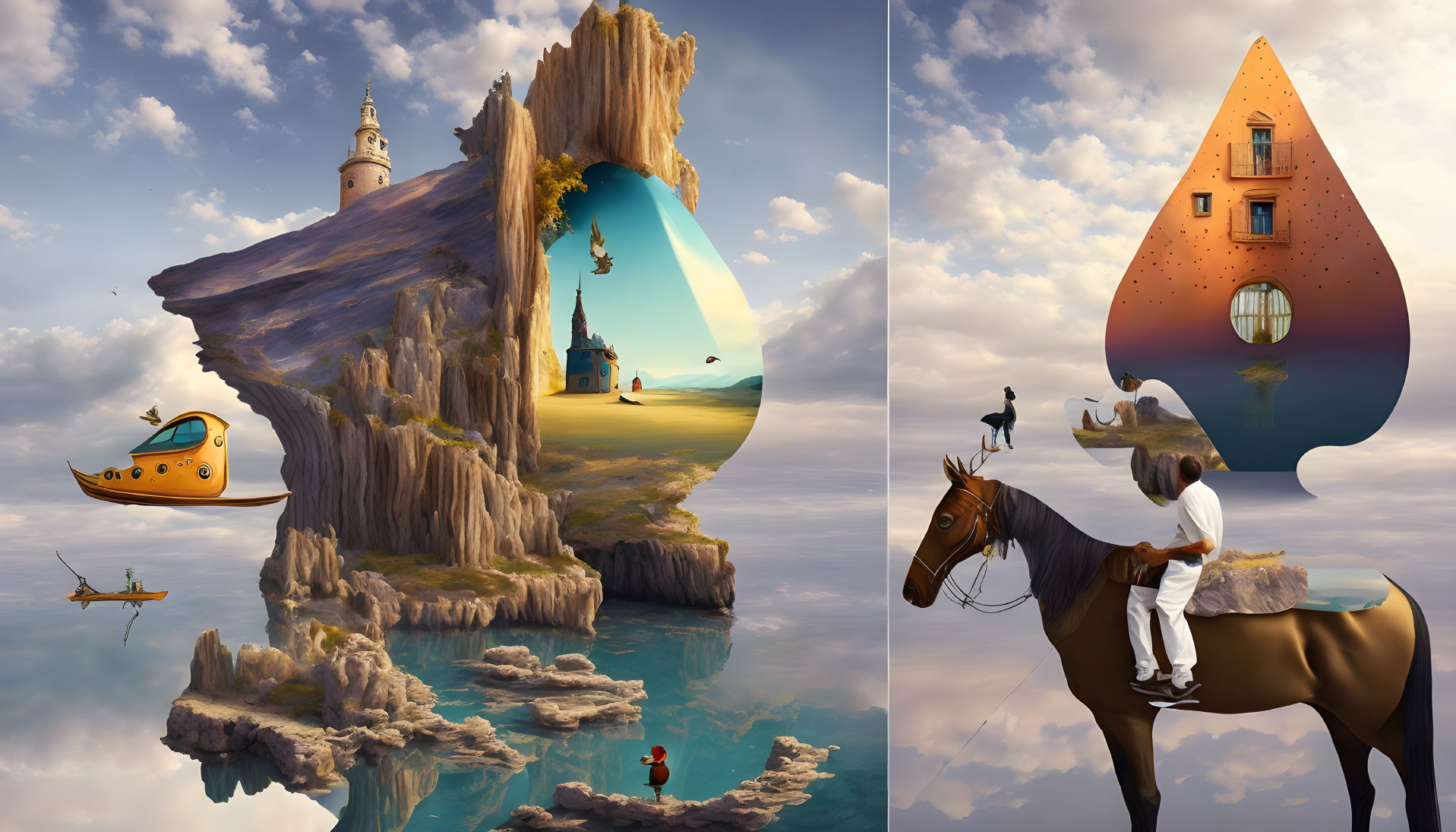Surreal artwork with man on horse, lighthouse, floating house, and yellow submarine