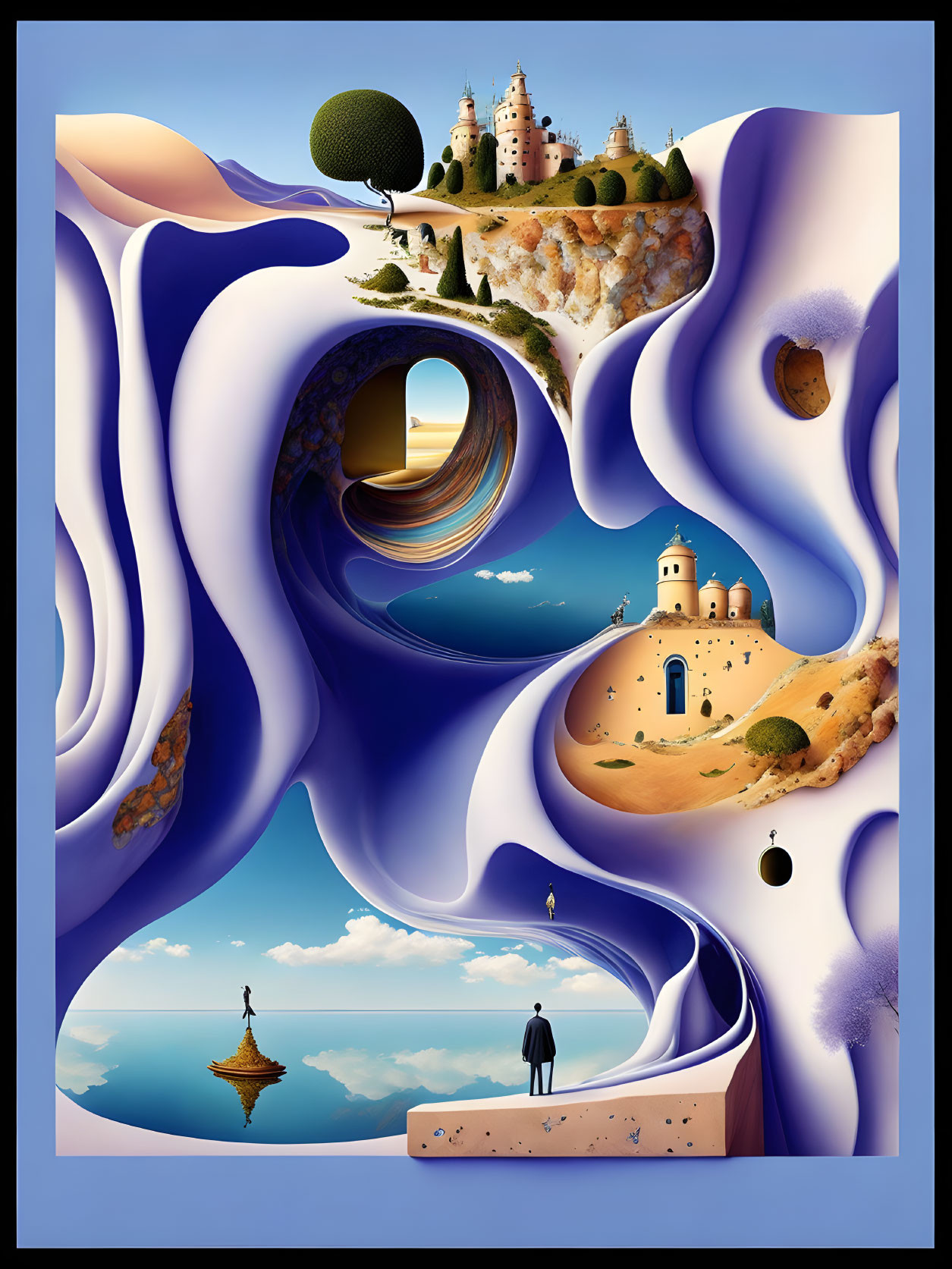 Surrealistic Landscape with Flowing Wave-like Structures in Vibrant Blues and Earth Tones