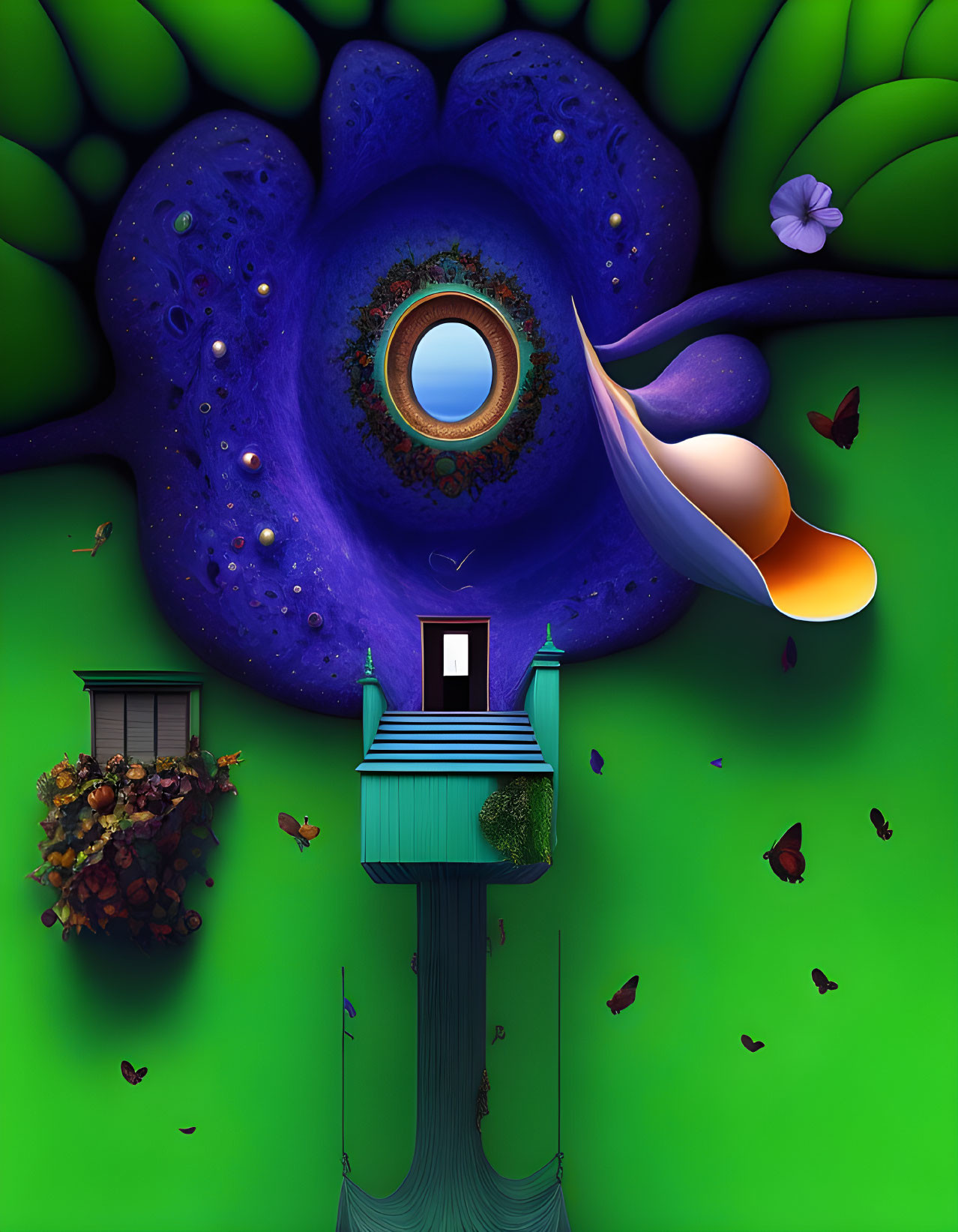 Colorful surreal artwork of house on pedestal with large blue eye-like flower and fluttering butterflies