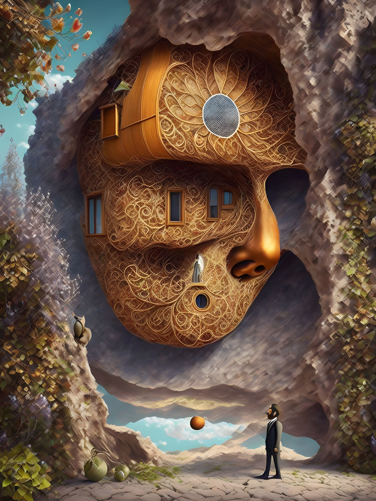 Surreal illustration: Human face-shaped house on cliff with person and floating orb