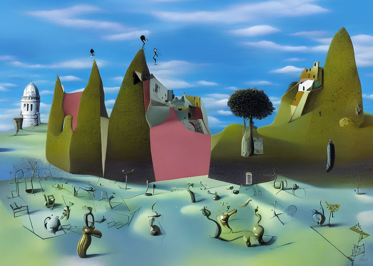 Surreal landscape featuring biomorphic shapes and whimsical structures