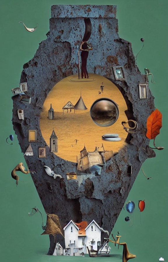Keyhole-shaped surreal artwork with desert scene and whimsical objects