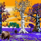 Purple Foliage and Whimsical Trees in Surreal Landscape