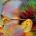 Colorful Psychedelic Face Illustration with Sunglasses and Peacock Feather Reflection