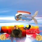 Surreal floating island with church, lighthouse, and upside-down elements in clear blue skies