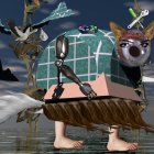 Fantastical animal-shaped houseboat with fox head in whimsical image