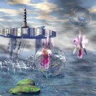 Floating Islands with Mirrored Structures and Golden Object in Surreal Scene