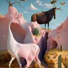 Surreal landscape with melting pink structures, horse, floating islands, trees, birds, and orn