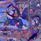 Surreal Landscape with Distorted Figures in Purple and Blue Hues