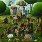 Whimsical fantasy landscape with person in cloak and circular doorways