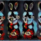 Anthropomorphic rabbits in formal attire against a dark backdrop