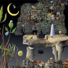 Fantastical scene with treehouse, waterfall, moon, planets, and observers