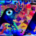 Digital artwork: surreal human faces, eye, aquatic life, whimsical architecture in vibrant colors