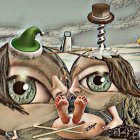 Surreal Artwork: Giant Eyes, Woman on Top Hat, Birds, Frog