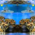 Surreal landscape with arches, fluid shapes, whimsical objects, water, blue sky,