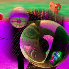 Colorful surreal landscape with oversized glasses, celestial sphere, and various objects in magenta environment