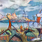 Surrealistic landscape with castles, spheres, bird, and flora