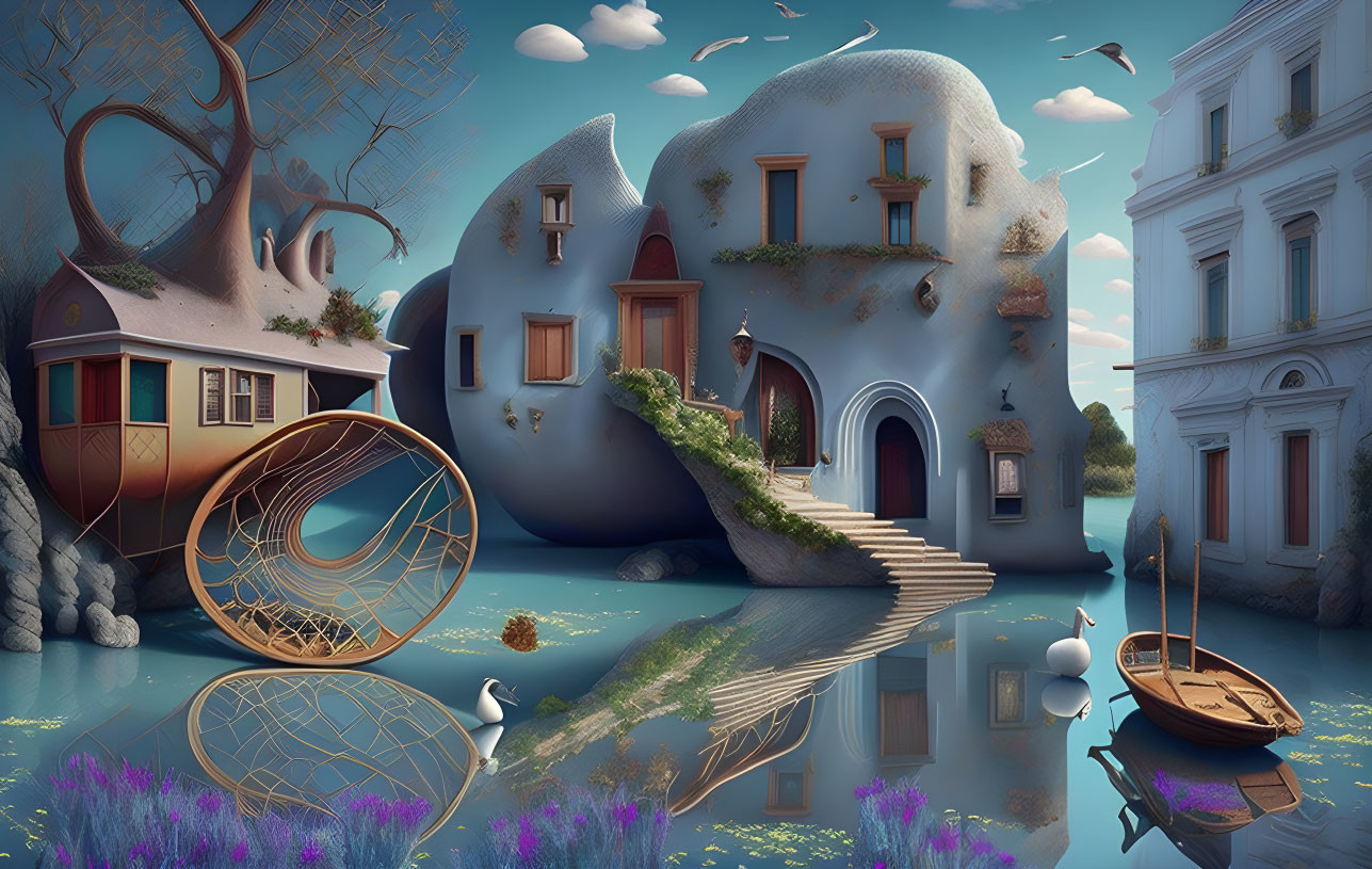 Surreal landscape with houseboat, organic building, and flying birds