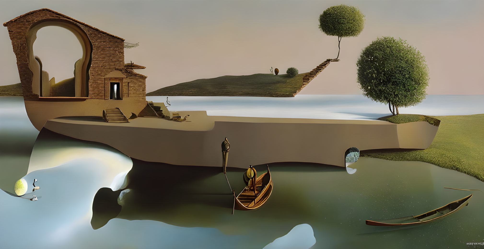 Surreal landscape with fragmented building, floating tree, and calm water