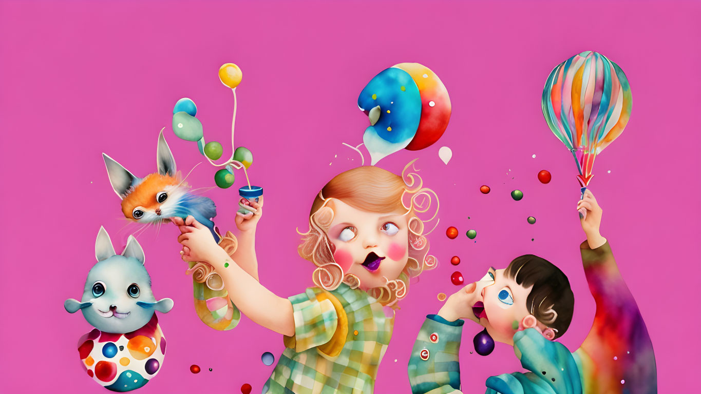 Colorful Children and Cartoon Animals in Whimsical Illustration