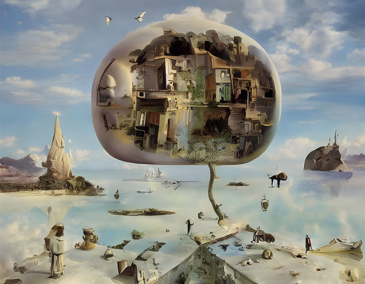 Surreal landscape with floating sphere, architecture, water, rocks, and figures