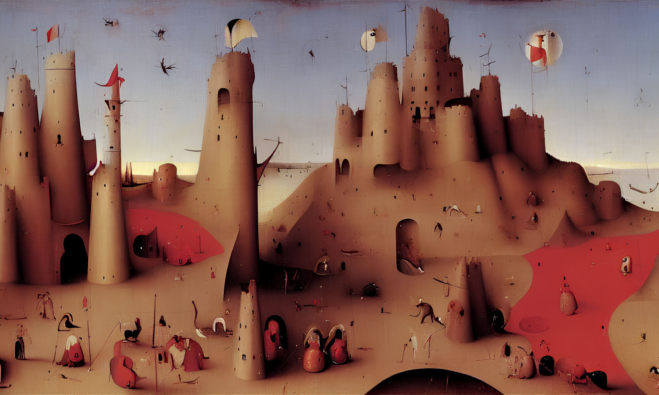 Distorted castles in surrealistic reddish landscape with whimsical creatures