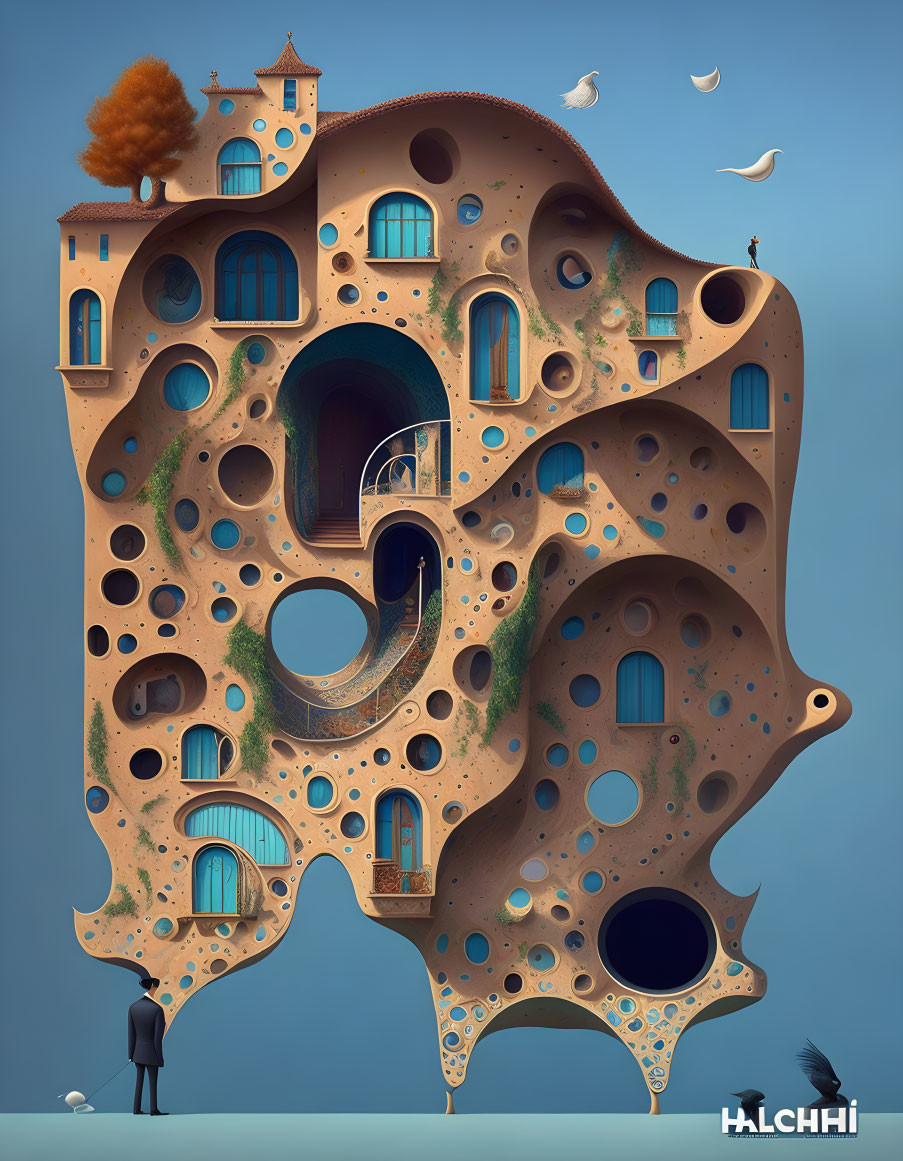 Whimsical illustration of person and surreal building with circular windows