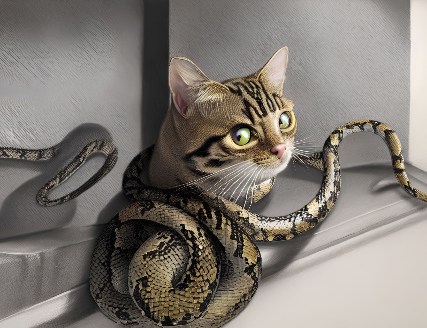 Surreal cat with snake body on windowsill, green eyes and striped fur