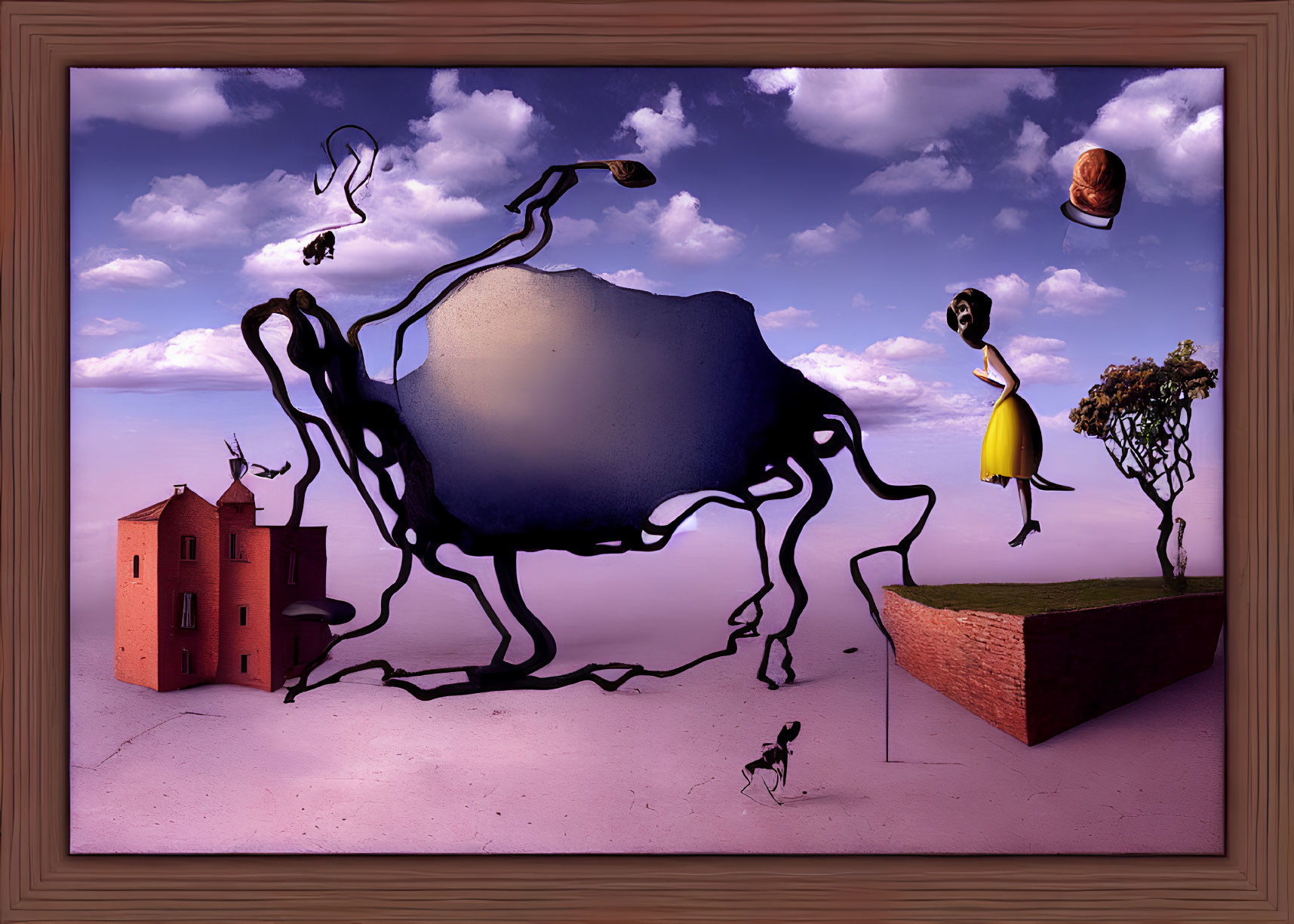 Surreal painting with silhouette creature, floating objects, woman in yellow skirt