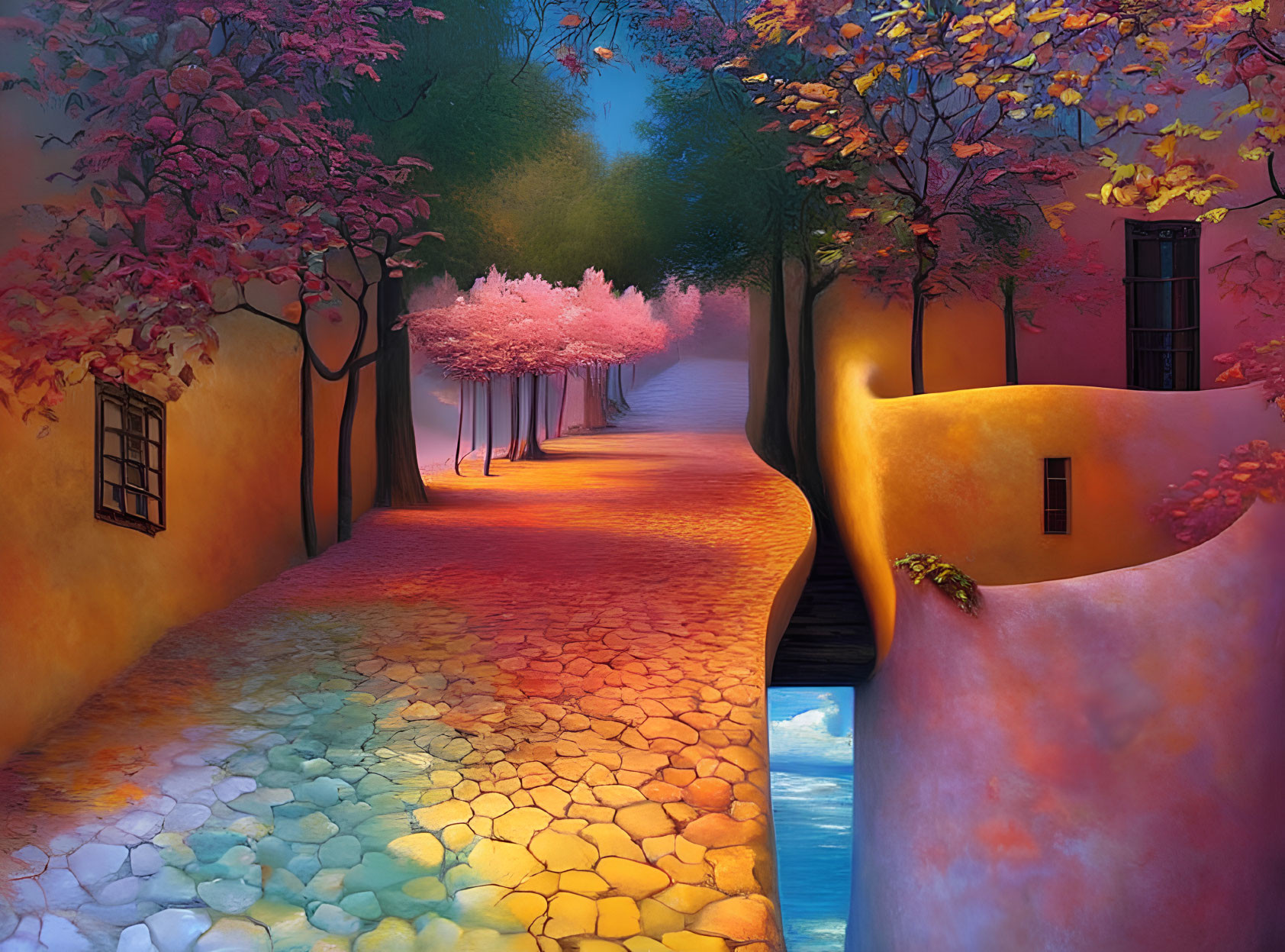Vibrant autumn painting of cobblestone path in whimsical village