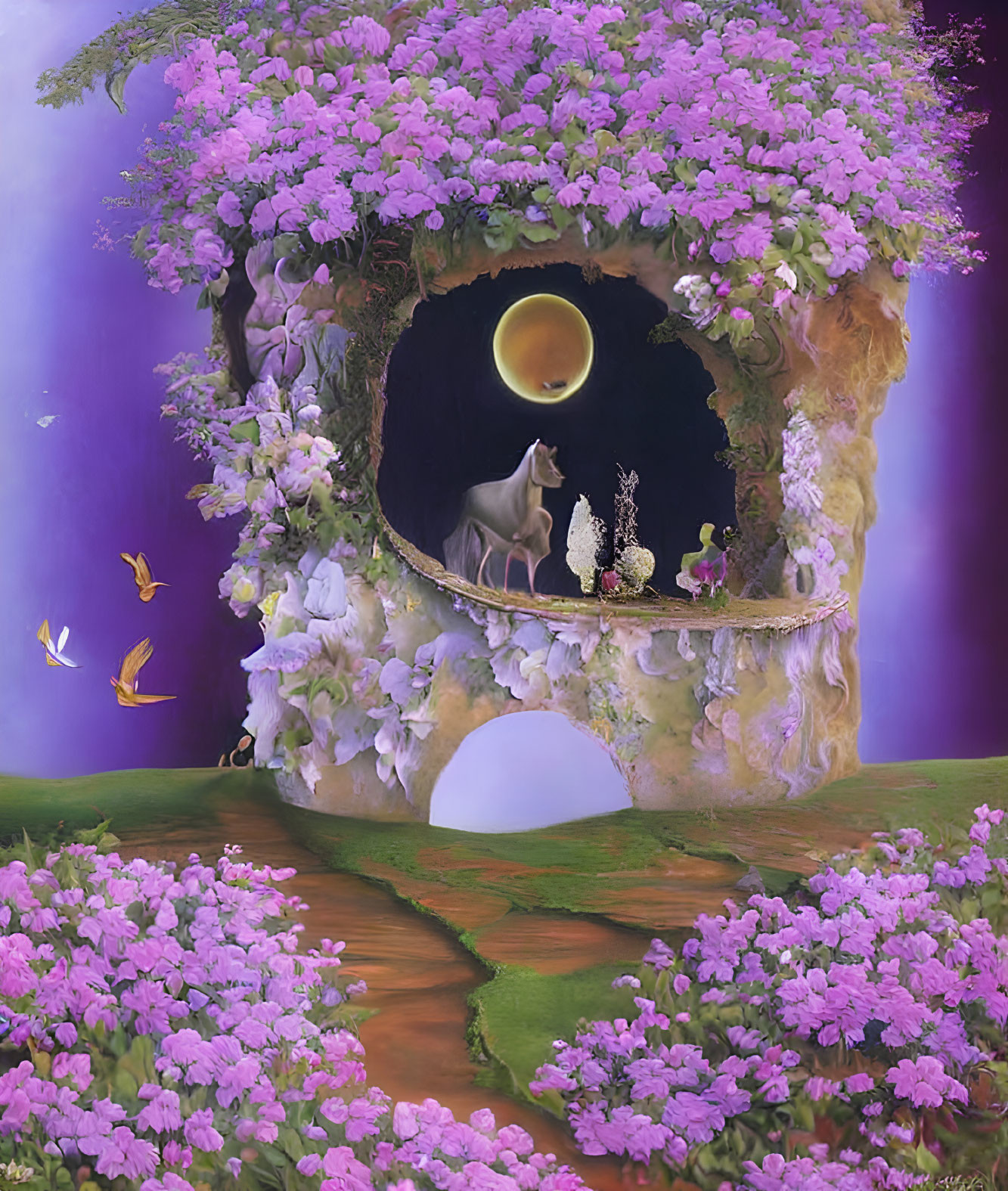 Moonlit Fantasy Landscape with Wolf, Archway, Butterflies, and Flowers