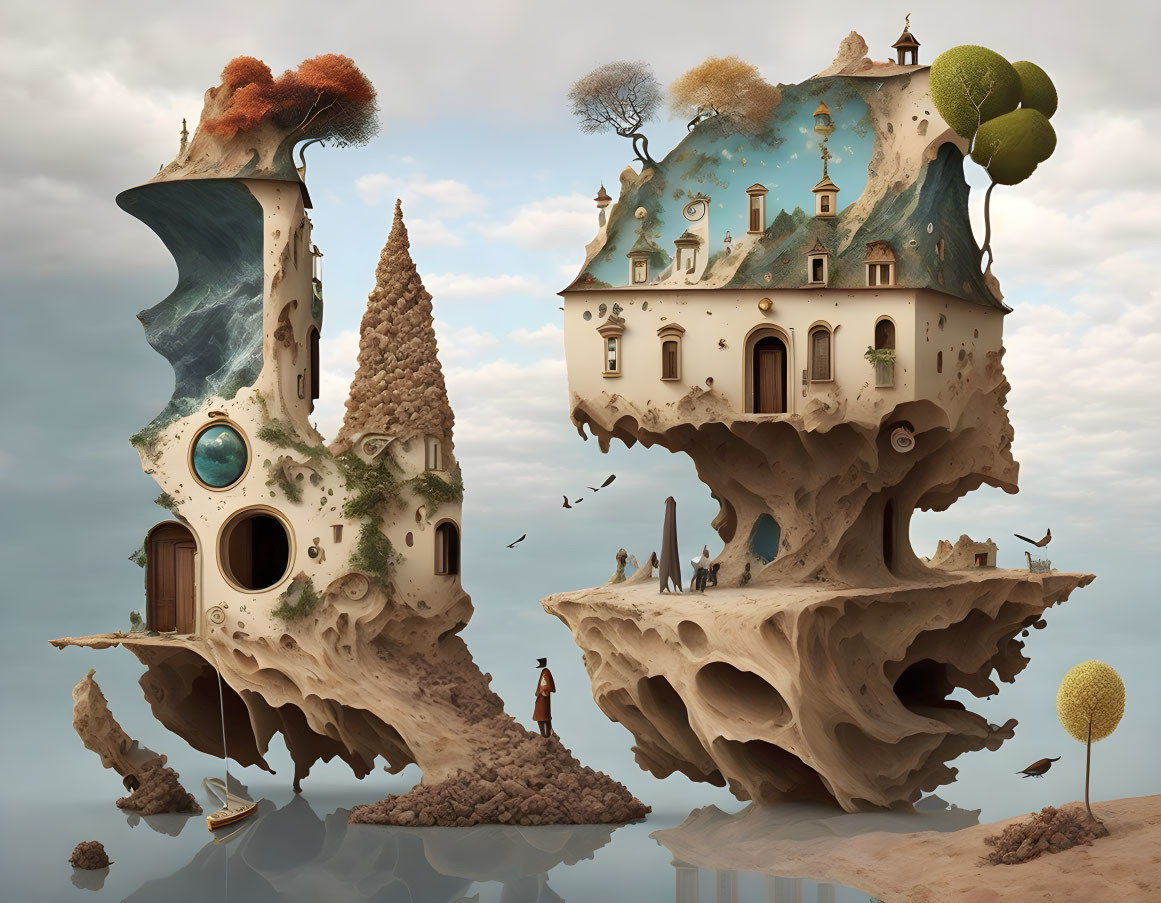 Surreal artwork: Floating islands, whimsical houses, trees, calm sky, solitary figure