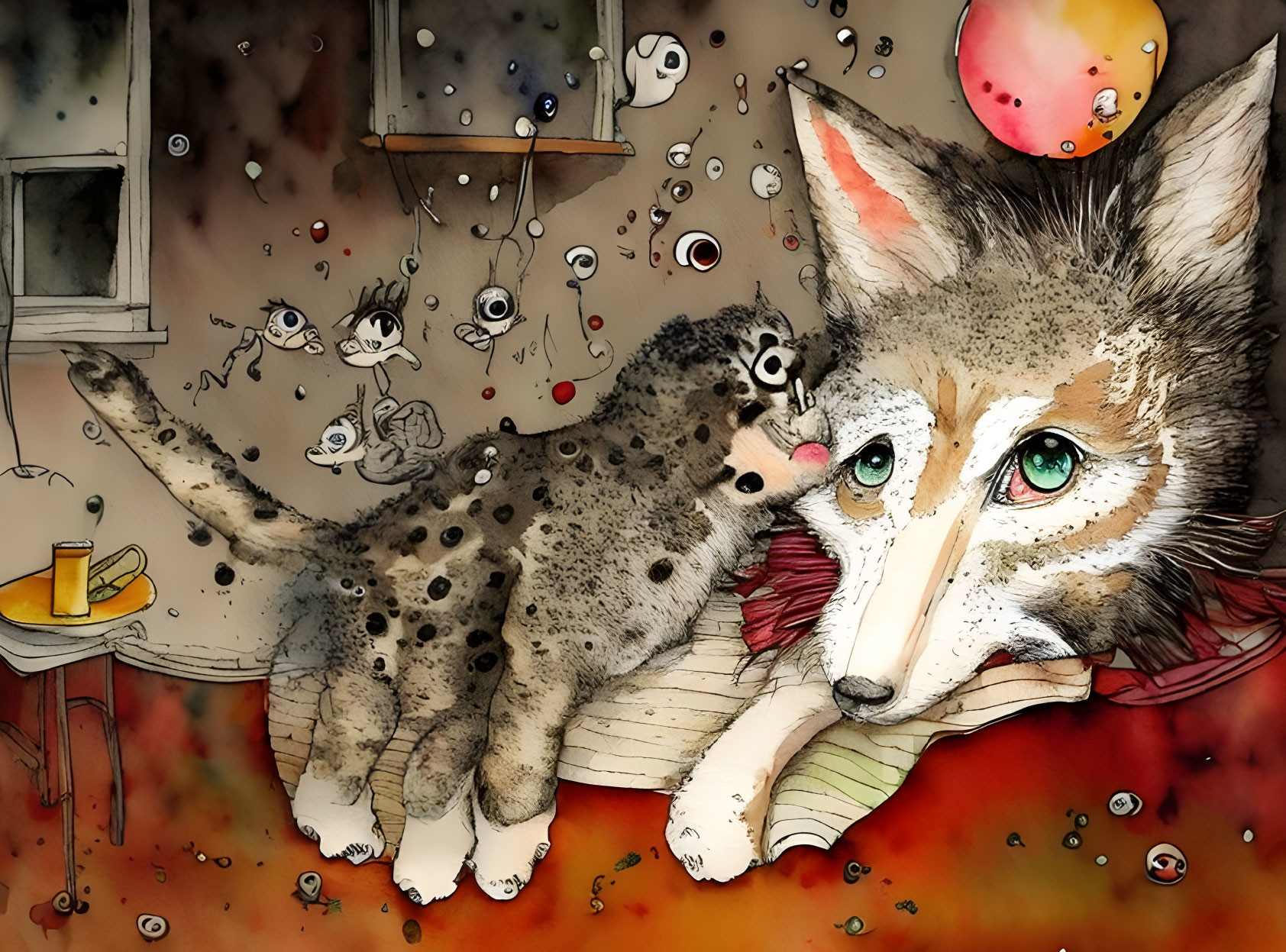 Colorful Surreal Illustration: Large-Eyed Fox with Flying Eyeball Creatures