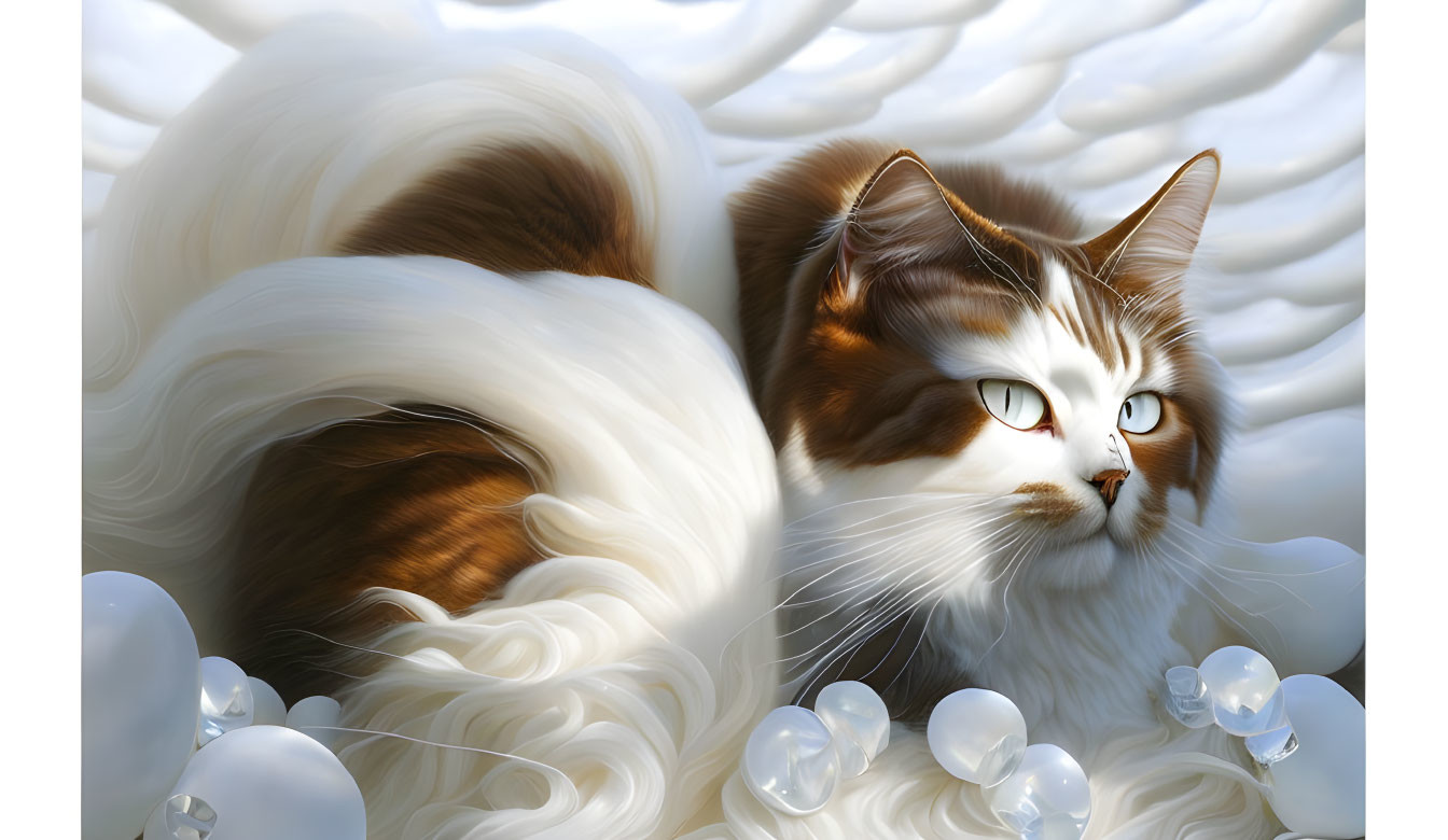 Majestic white and brown cat with blue eyes in digital artwork
