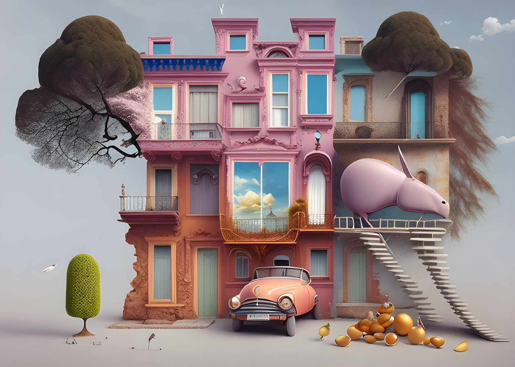 Surreal pink building with tree-shaped clouds, snail, car, and golden eggs
